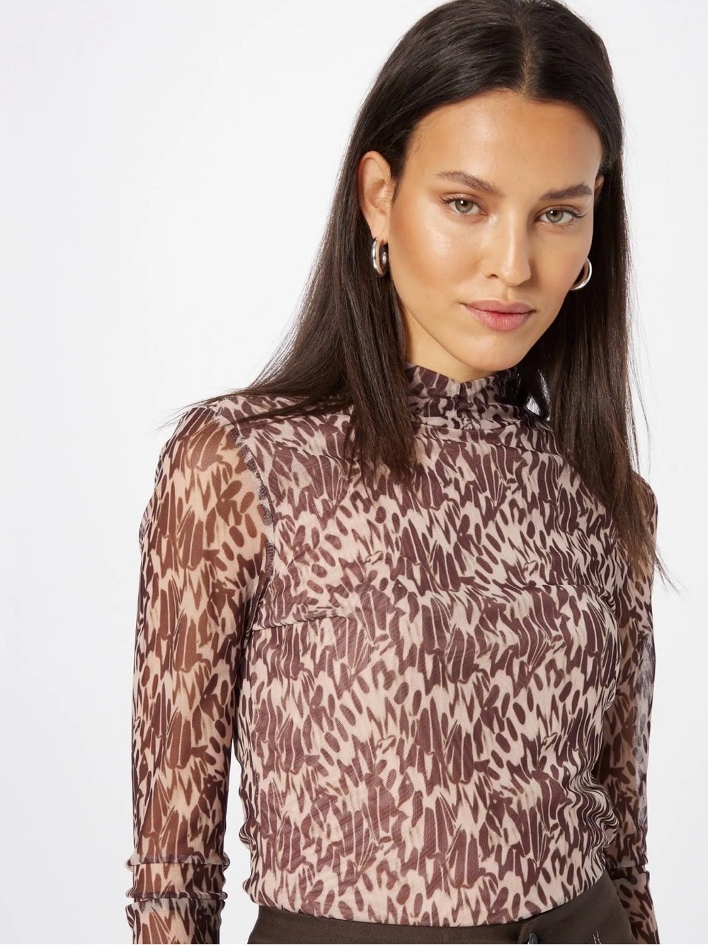 Ted Baker Brown and Nude Abstract Mesh Mock Neck Top Sz S Animal Print festival